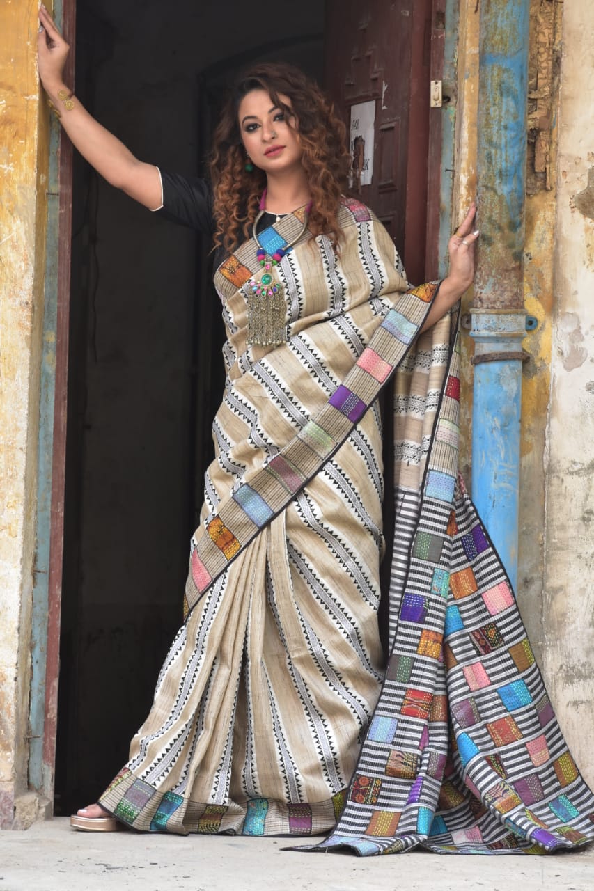 Palatinate Purple & White Kantha Stitch Silk Saree - SAREES | Shop Online  at Ethnickart India's Best Ethnic Weares & Wares